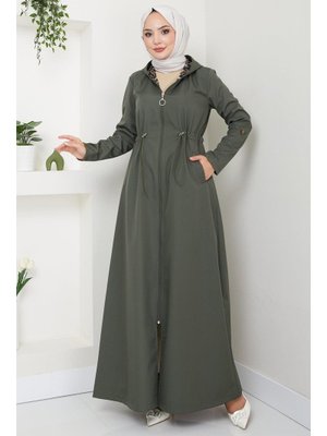 Haki Kapüşonlu Leopar Uzun Trençkot Haki Kapüşonlu Leopar Uzun Trençkot