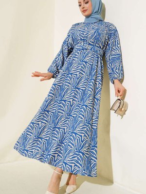 Mavi Desenli Kemerli Bürümcük Elbise