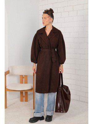 Kahverengi Kuşaklı Balon Kol Kaşe Kaban