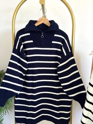 Lacivert Yaka Fermuarlı Çizgili Triko Tunik