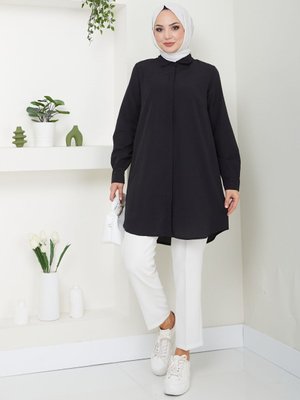 Siyah Terikoton Gizli Düğmeli Boyfriend Gömlek