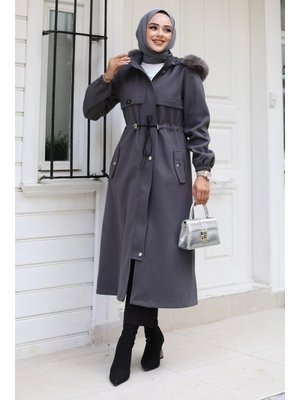 Gri Tünel Detaylı Kaşe Kaban