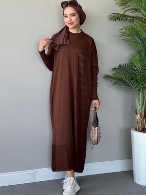 Yanı Örgü Desen Elbise Kahve