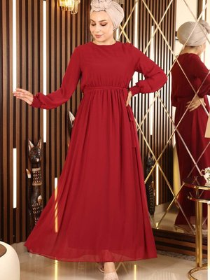 Bordo Manşeti Lastikli Şifon Abiye Elbise Bordo Manşeti Lastikli Şifon Abiye Elbise