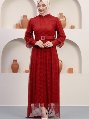 Kiremit Kemeri Taşlı Tül Abiye Elbise
