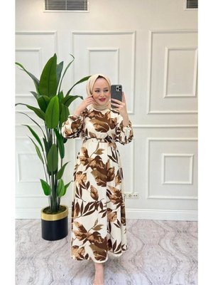 Taba Çicekli Yarasa Kol Bel Lastikli Elbise Taba Çicekli Yarasa Kol Bel Lastikli Elbise