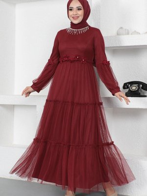 Bordo Çiçek Detaylı Tül Abiye Elbise Bordo Çiçek Detaylı Tül Abiye Elbise
