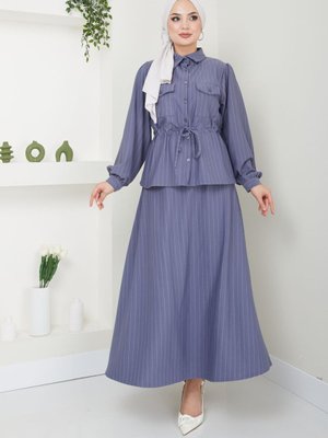 Gri Bel Büzgülü Gömlek Yaka Çizgili Etekli Takım