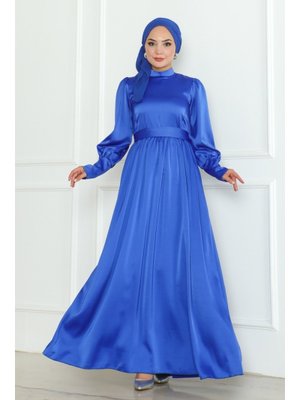 Saks Mavisi Kuşaklı Saten Abiye Elbise Saks Mavisi Kuşaklı Saten Abiye Elbise