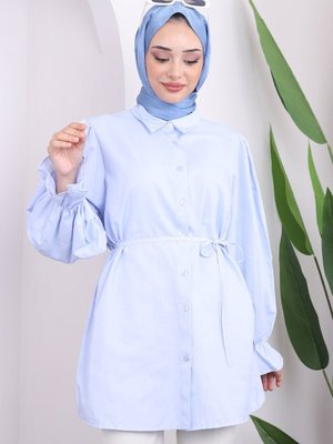 Bebe Mavi Kol Lastikli Bel İpli Gömlek
