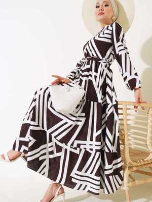 Kahverengi Çizgi Desen Viskon Elbise Kahverengi Çizgi Desen Viskon Elbise