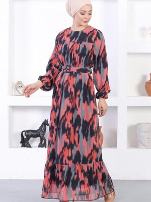 Siyah Desenli Şifon Elbise