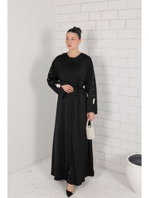 Siyah Kolu İncili Abaya