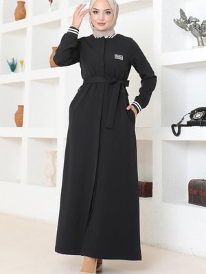 Siyah Gizli Düğmeli Ribanalı Ferace Siyah Gizli Düğmeli Ribanalı Ferace