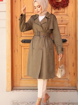 Kemerli Süet Haki Trençkot