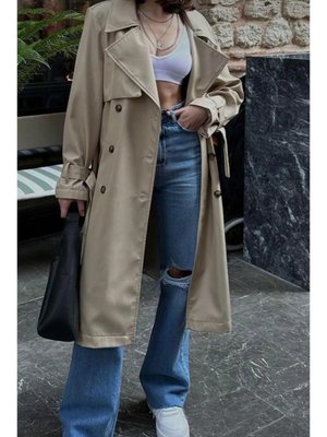 Klasik Kuşaklı Krem Trençkot