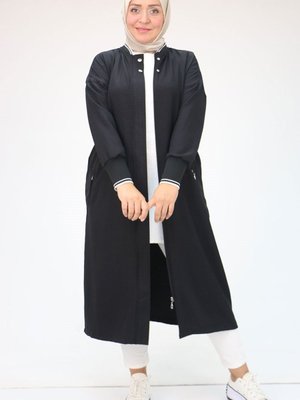 Büyük Beden Kolları Ribanalı Fermuarlı Keten Kap Siyah Büyük Beden Kolları Ribanalı Fermuarlı Keten Kap Siyah