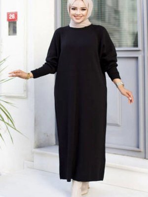 Siyah Bisiklet Yaka Ve Balon Kollu Uzun Trend Şık Triko Elbise Siyah Bisiklet Yaka Ve Balon Kollu Uzun Trend Şık Triko Elbise