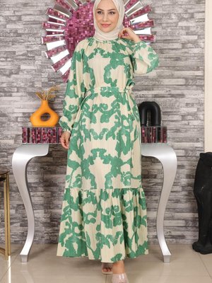 Mint Desenli Kemer Detaylı Elbise Mint Desenli Kemer Detaylı Elbise
