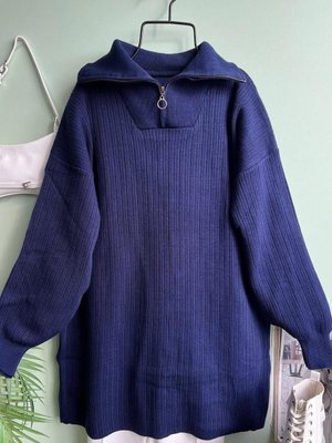 Lacivert Yakası Fermuarlı Kendınden Çizgili Tunik