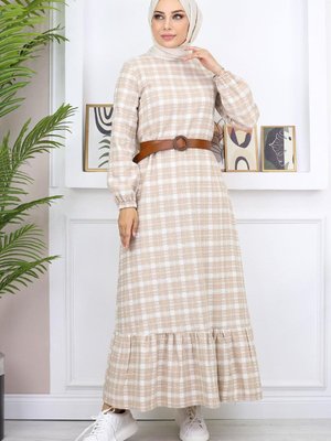 Bej Fırfırlı Elbise