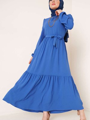 İndigo Yakası Büzgü Detaylı Ayrobin Elbise