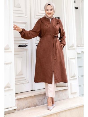 Kahverengi Önü Fırfır Detaylı Fermuarlı Keten Tunik