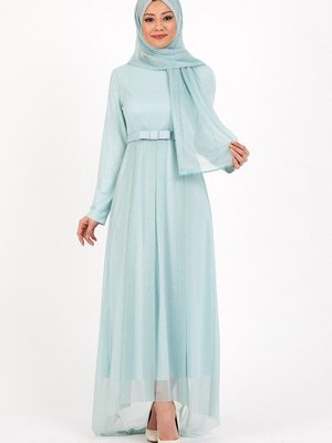 Mint Simli Pileli Abiye Elbise