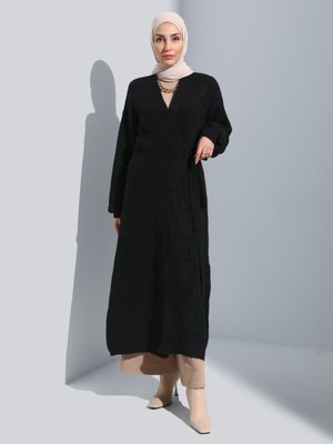 Bağlama Detaylı Uzun Triko Hırka Siyah