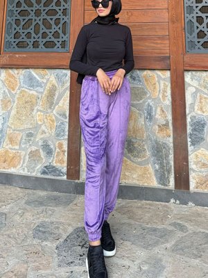 Lila Cockato Nervürlü Paçaları Lastikli Eşofman Altı