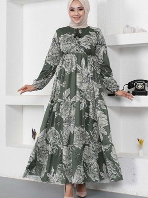 Haki Çiçek Desenli İp Detaylı Elbise Haki Çiçek Desenli İp Detaylı Elbise