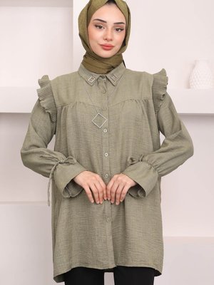 Haki Yaka Bronşlu Omuz Piliseli Gömlek