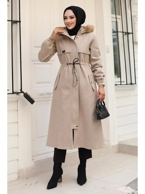 Bej Tünel Detaylı Kaşe Kaban