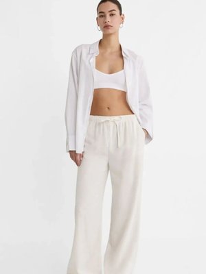 Beyaz Keten Karışımlı Bol Kesim Pantolon