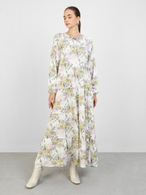 Lila Çiçek Desenli Kat Kat Viskon Elbise