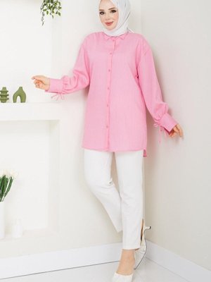 Pembe Kendinden Çizgili Tunik