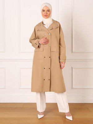 Kapüşonlu Çıtçıt Detaylı Oversize Trençkot Koyu Vizon