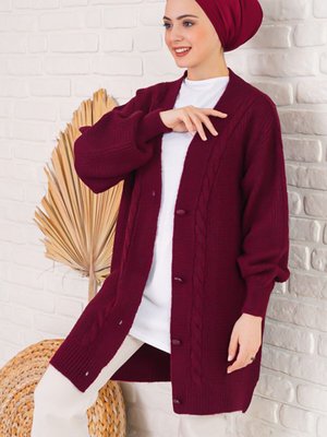 Saç Örgü Desen Düğmeli Bordo Triko Hırka