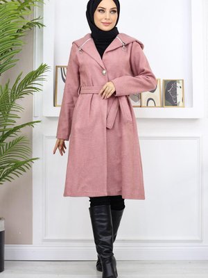 Gül Kurusu Kapüşonlu Kaşe Kaban