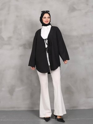 Siyah Önü Bağlamalı Kimono Tunik