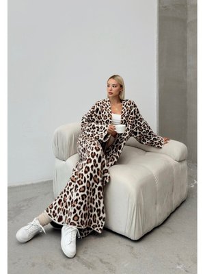 Bej Leopar Desenli Uzun Triko Hırka