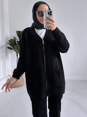 Cepli Fermuarlı Triko Hırka Siyah
