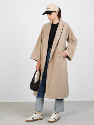 Kahverengi Kuşak Detaylı Şal Yaka Uzun Kaban