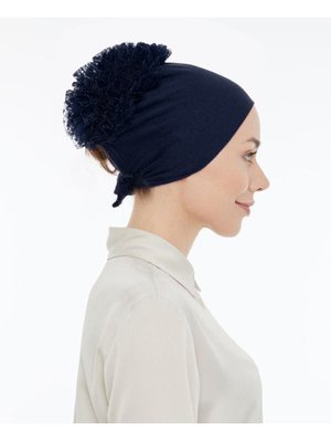 Dikişsiz Kaymaz Güpür Fırfırlı Bone Lacivert