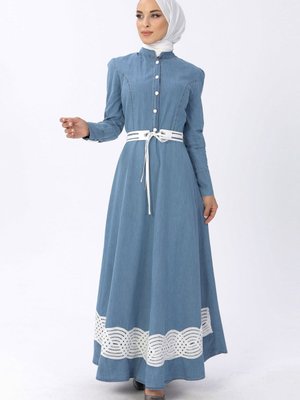 Açık Kot Dantel Detaylı Elbise Açık Kot Dantel Detaylı Elbise