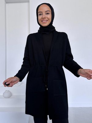 Belden Bağlamalı Çift Cep Merserize Hırka Siyah