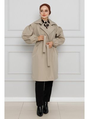 Taş Kruvaze Yaka Kolu Lastikli Trençkot Taş Kruvaze Yaka Kolu Lastikli Trençkot