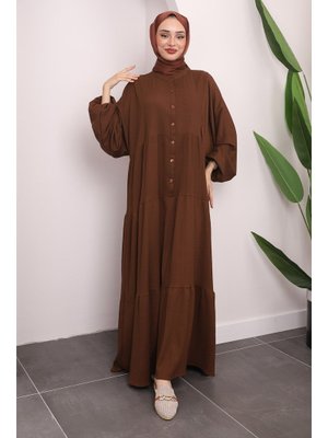 Kahverengi Kol Lastikli Eteği Katlı Salaş Elbise Kahverengi Kol Lastikli Eteği Katlı Salaş Elbise
