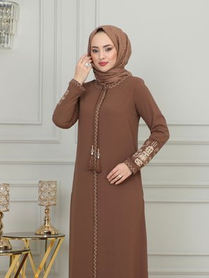 Büyük Beden Nakışlı Fermuarlı Krep Kumaş Ferace