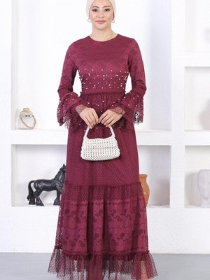 Bordo İncili Dantelli Volan Kol Abiye Elbise Bordo İncili Dantelli Volan Kol Abiye Elbise